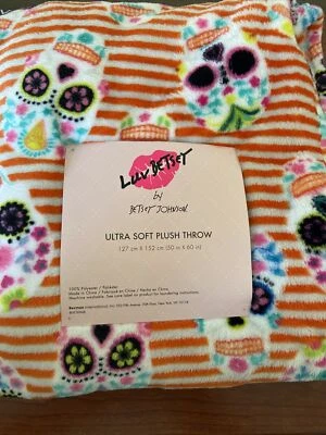 BETSEY JOHNSON 橙色条纹糖骷髅万圣节毛毯 50 英寸 x 60 英寸全新带标签 — 第 1/4 张图片