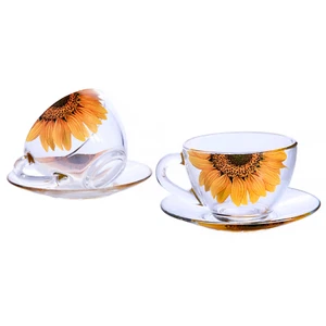 STPGOODS Sunflowers Glass Teacup with Saucer Set Of 2 [200 ml ea] Tea Cup Set - Picture 1 of 5