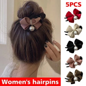 5Pcs Women Large Bow Ribbon Barrettes Hairpin Pearl Hair Clip Hair Accessories - Picture 1 of 24