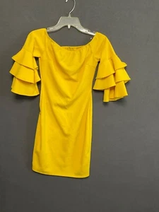 Vintage Yellow Ruffle Sleeve Dress M USA Made Retro Romantic Goth - Picture 1 of 5