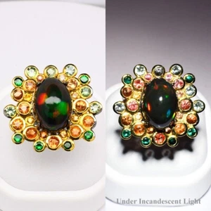 Anillo de ópalo y piedras preciosas en plata de ley 925 (enchapado en rodio negro y oro amarillo) - Imagen 1 de 12