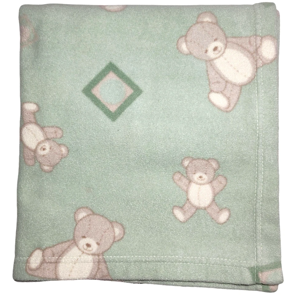 Beansprout htf Green Teddy Bear Baby Blanket Thin Fleece Squares Brown Tan - Image 1 of 3