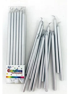 Silver Metallic Slim Candles 120mm with Holders Box12 - Picture 1 of 1