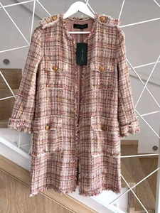 A372 ZARA WOMAN FANTASY TWEED PINK LONG GOLD BUTTONS COAT BLAZER JACKET - L - Picture 1 of 14