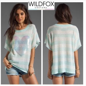 Wildfox White Label Striped Sequin Heart Short Sleeve Sweater Size Medium - Picture 1 of 9