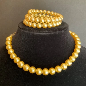 VTG Gold Tone Faux Pearls Memory Wire Wrap Bracelet & Choker Necklace SET Lot 2 - Picture 1 of 24