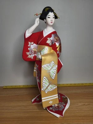 Hermosa estatuilla kimono rojo geisha geiko muñeca Hakata antigua japonesa 'rara' Foto 1 de 4