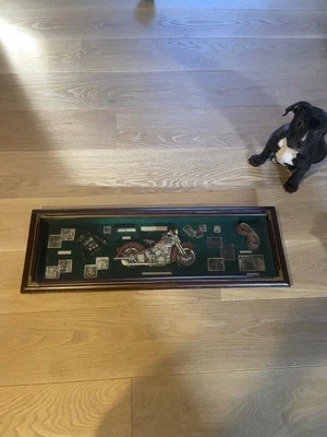 33 1/2'W x 11'H x 2", 3 D picture framed glass picture of motorcycle memorabili - Image 1 of 4