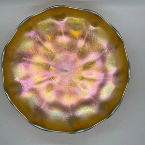 LCT Tiffany FAVRILE Gold Iridescent Art Glass 7 1/2”Footed Bowl / Dish Ruffled - Picture 1 of 17