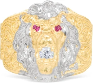 Floreo 10k Yellow Gold 19.4mm Lion Face Two-Tone Ruby Eyes CZ Ring, Sizes 6-14 - Picture 1 of 5