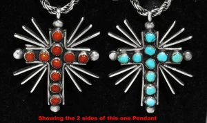 Large Old Zuni 925 Silver Natural Turquoise Coral 2 Sided Sun Rays Cross Pendant - Picture 1 of 7