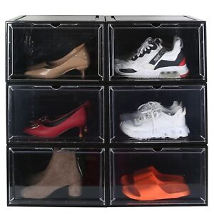 6 Pack Collapsible Shoe Boxes Stackable Storage Hard Plastic Organizer Container