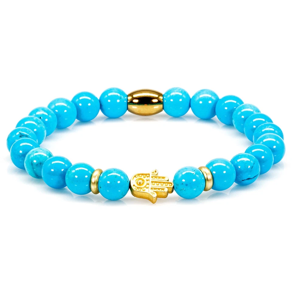Perlenarmband Grüner / Blauer Türkis Perlen Hand der Fatima 24k vergoldet - Bild 1 von 4