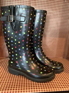 WESTERN CHIEF BLACK AND MULTICOLOR POLKA DOT PULL ON RAIN BOOTS SIZE 6 - Picture 1 of 6