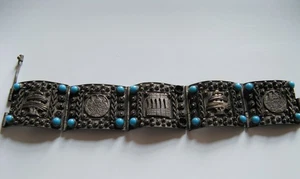 Vintage Israeli Silver + Turquoise Panel Bracelet Olive Tree & Dome Motifs - Bild 1 von 8
