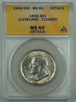 1936 Cleveland Silver Half Commem Coin ANACS MS 60 Details Cleaned (Better Coin) - Image 1 of 2