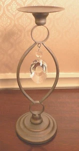 LARGE PEWTER COLOR BRUSHED SILVER CANDLE HOLDER WITH HANGING CRYSTALS BLING - Picture 1 of 5