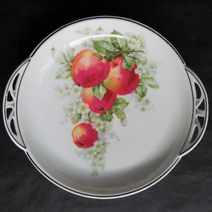 Vintage Porcelain Shallow 8" Bowl With Handles Decorated with Apples & Blossoms - Picture 1 of 3