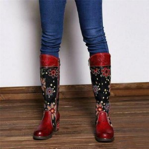 Boho Women Flower Splicing Genuine Leather Knee High Boots Cowboy Zip  Boots sz 