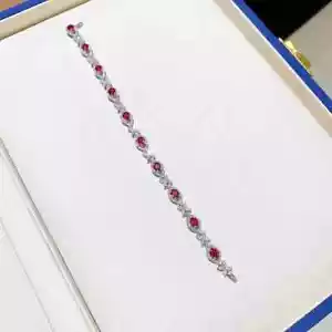 6.89 Ct Oval Cut Natural Red Ruby Diamond Link Tennis Bracelet 14K White Gold - Picture 1 of 6