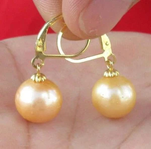 HUGE 10-11mm Natural Round South Sea Golden Pearl Lever Back Earrings 14k G P - Picture 1 of 5