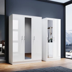 White High Gloss 2/3 Door Wardrobe with Hanging Rails Bedroom Furniture 2 Set - Picture 1 of 23