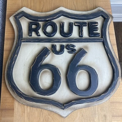 Señal de tráfico de madera Route 66 letras elevadas de colección aspecto desgastado 16 x 16 EE. UU. LEER Foto 1 de 4