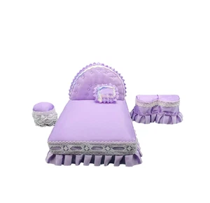 Puppenhaus Miniatur Handwerk Handarbeit Lavendel Bett Bank Fußhocker Kissen Set - Bild 1 von 13