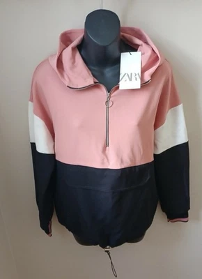 NUEVO CON ETIQUETAS ZARA Mujer Rosa Negro Blanco Colorblock Chaqueta Sudadera Top XS X-Small 0 2 4 Foto 1 de 2