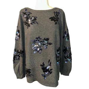 Chico’s Women’s Floral Sequin Pullover Sweater Gray Size 1 US Medium - Picture 1 of 8