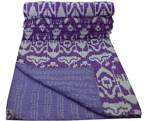 Purple Ikat Kantha Quilt Cotton Bedspread Blanket Handmade Throw Bedding India