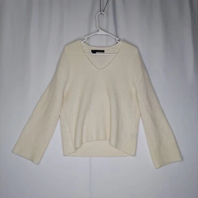 360 Cashmere Boxy Sweater Women Medium Ivory Rib V-Neck 3/4 Flared Sleeve Chunky - Image 1 of 4