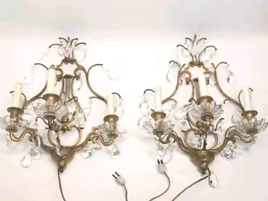 Antique Brass Crystal Sconce Chandelier 3 Light Wall Pair Lyre French Victorian - Picture 1 of 15