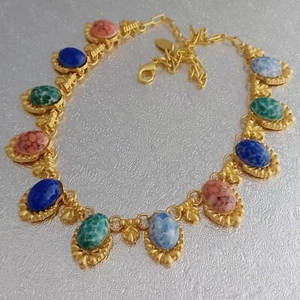 Vintage Marble Glass Cabochons Brushed Gold Collar Necklace - Picture 1 of 4