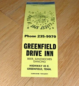 Vintage GREENFIELD DRIVE INN Matchbook Cover (Yellow) - GREENFIELD TENNESSEE - Picture 1 of 4