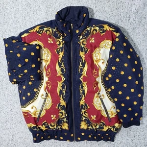 Vtg J. Gallery Jacket Womens S Baroque Polka Dot Blue Red Gold Down Bomber Talon - Picture 1 of 19