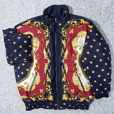 Vtg J. Gallery Jacket Womens S Baroque Polka Dot Blue Red Gold Down Bomber Talon - Image 1 of 4