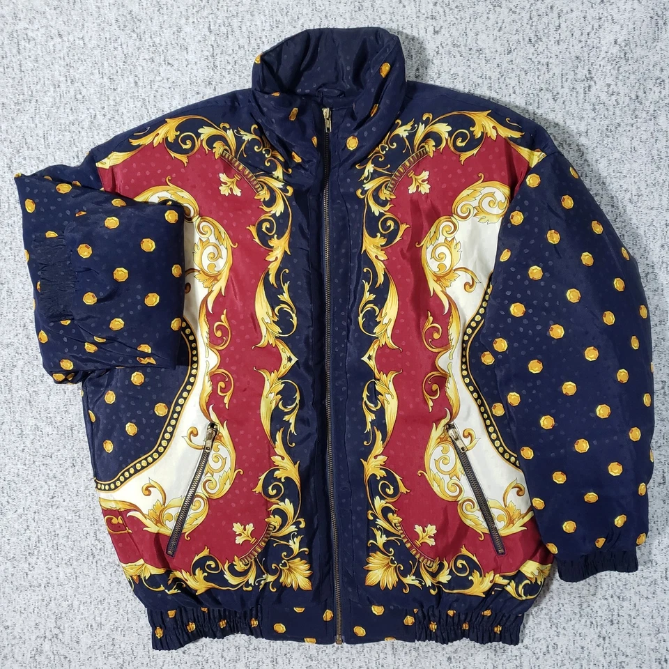 Vtg J. Gallery Jacket Womens S Baroque Polka Dot Blue Red Gold Down Bomber Talon - Image 1 of 4