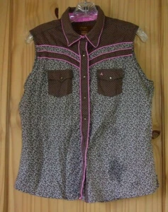 Aura Brown Sleeveless Pearl Snap Shirt w/ Pink Piping, Womens L - Picture 1 of 5