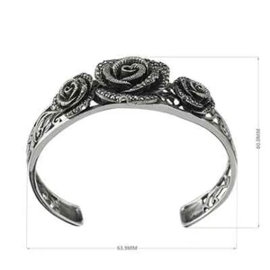 Real Solid 925 Sterling Silver Cuff Bracelets Marcasite Rose Jewelry Open Bangle - Picture 1 of 11