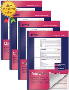 Cash Money and Rent Receipt Books 4 Pack Large Size 2-Part Carbonless - Picture 1 of 6