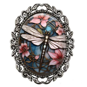 Faux Stained Glass Art Print Pink Flowers Dragonfly Brooch Love Hope Change Pin - Picture 1 of 4