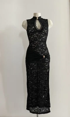 Robe longue dentelle noire femme | Robe soirée élégante sexy fendue col haut - Photo 1/3