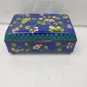 Antica scatola portasigarette cinese cloisonne blu nero smalto floreale con cerniera - Foto 1 di 8