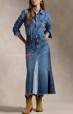 FALDA MIDI VINTAGE AÑOS 90 BACCINI DENIM DESHILACHADO PATCHWORK LÍNEA A Foto 1 de 4