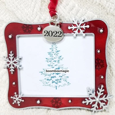 🎄2022 ADORNO DE ÁRBOL DE NAVIDAD MARCO DE FOTOS COLGANTE COPO DE NIEVE ROJO CUADRADO Foto 1 de 4