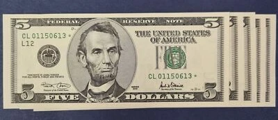 5 Consecutive Five Dollar Bills $5 STAR NOTES Series 2001 UNCIRCULATED #55177 - Image 1 of 2