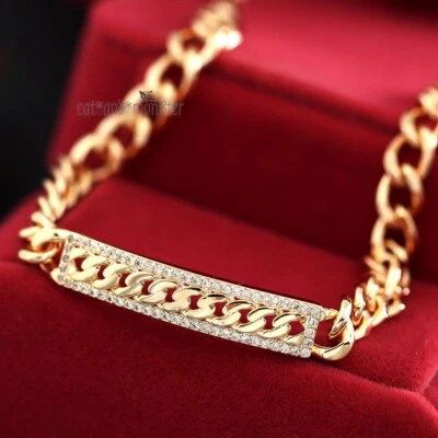 MENS LADY 9K ROSE GOLD GF HALO SIMULANT DIAMOND ID BAR MIAMI CURB CHAIN BRACELET Foto 1 de 4