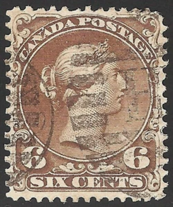 Canada Stamp # 27v - VF Used - QV 6c Large Queen Brown ~UN $200 (1868) - Picture 1 of 2