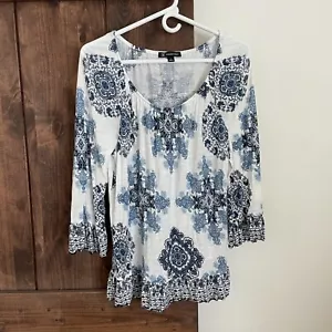 INC Int Concepts Top Womens Large White Medallion Print Boho Artsy Blouse - Picture 1 of 8